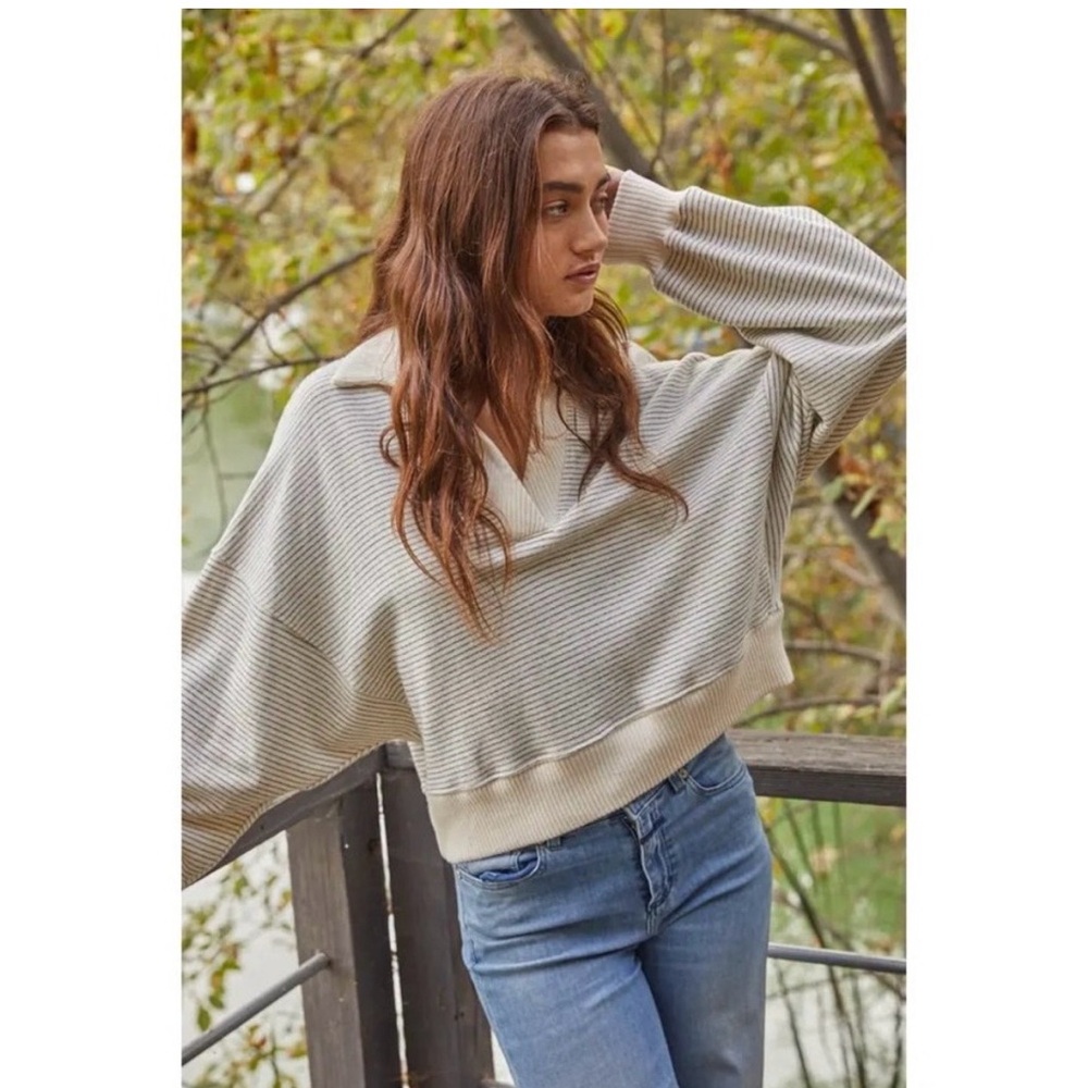 By Together Cream Striped Pullover with Collar | Size M